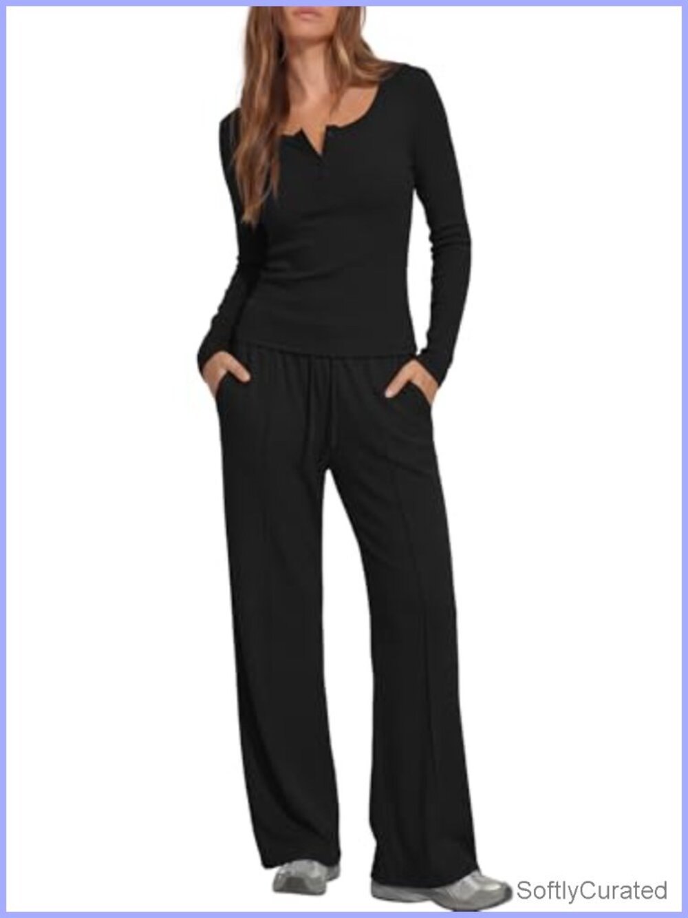 2 Piece Lounge Set Henley Top Wide Leg Pants Cotton Spandex